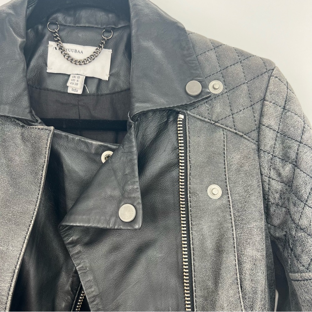 Muubaa Crackle Black Lamb Leather Biker Motorcycle Jacket Quilted Zip Up 6 - Picture 8 of 16